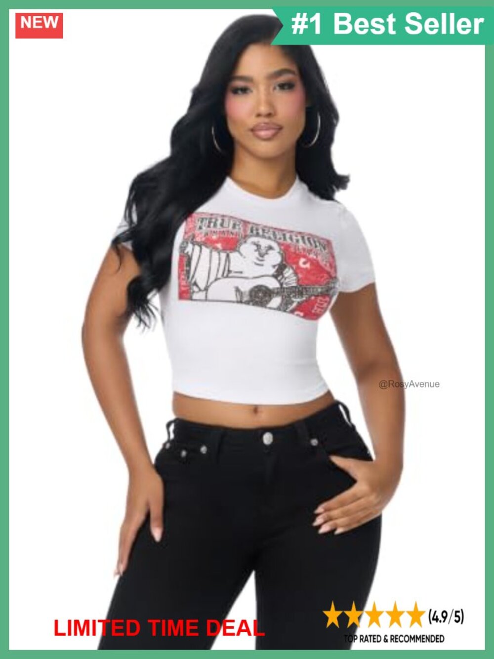 True Religion Crystal Buddha Bandana Baby Tee 95% Cotton Crew Neck